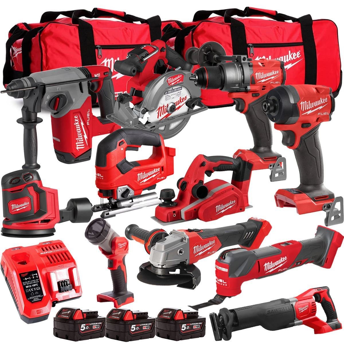 18V Cordless 11-Piece Tool Kit with 3 x 5.0Ah Batteries and 2 Extra-Large Bags