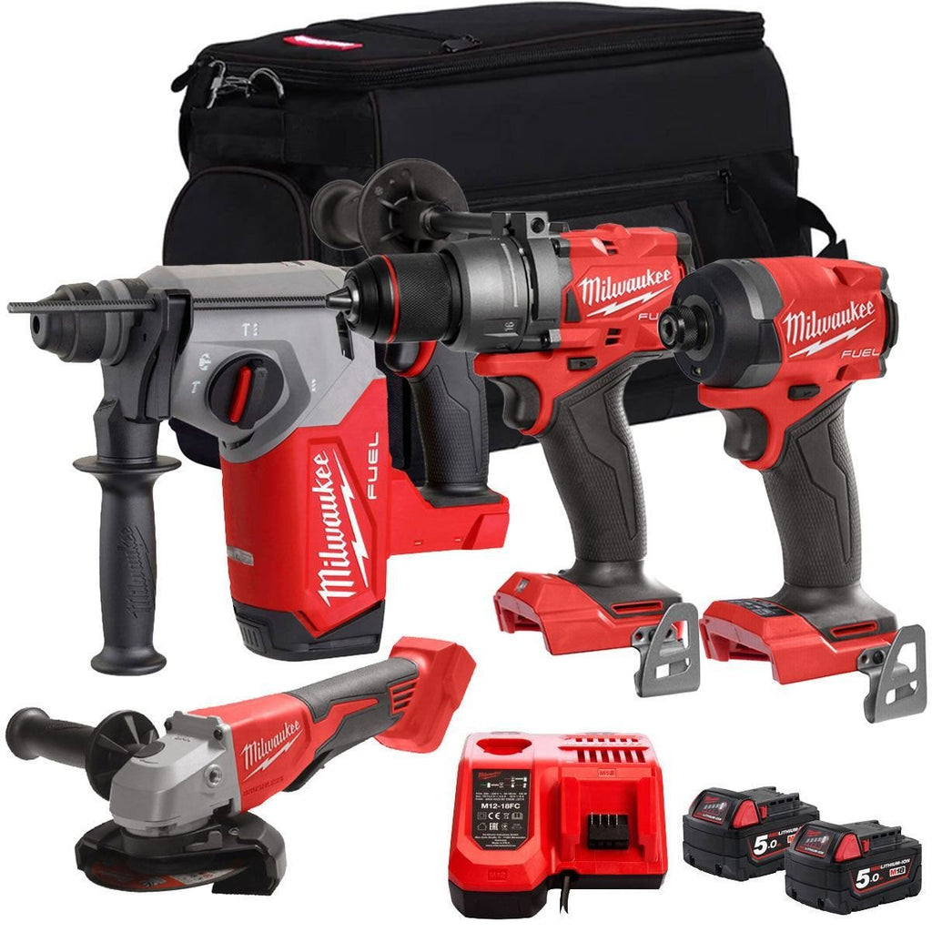 18V Cordless 4-Piece Tool Kit with 2 x 5.0Ah Batteries and Hammer Drill