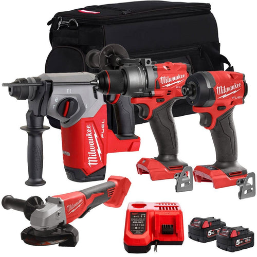 18V Cordless 4-Piece Tool Kit with 2 x 5.0Ah Batteries and Hammer Drill