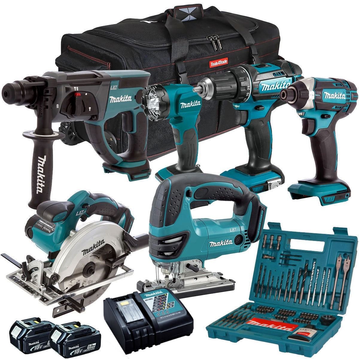 18V Cordless 6-Piece Tool Kit with 2 x 5.0Ah Batteries and 100-Piece Drill Bit Set