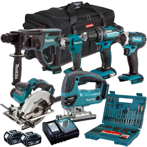18V Cordless 6-Piece Tool Kit with 2 x 5.0Ah Batteries and 100-Piece Drill Bit Set