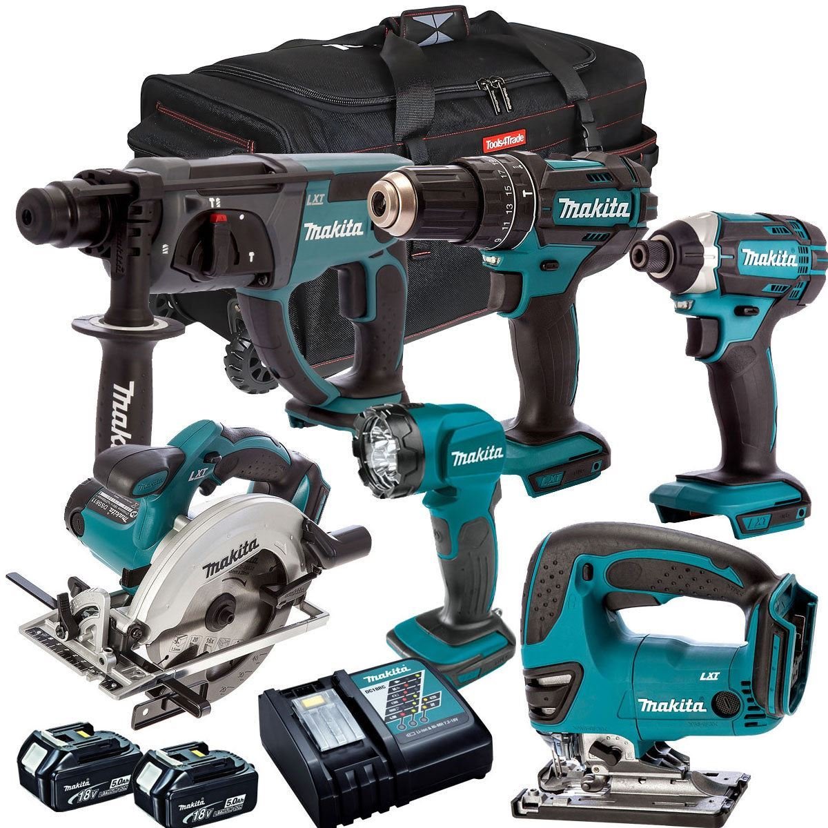 18V Cordless 6-Piece Tool Kit with 2 x 5.0Ah Batteries and SDS Rotary Hammer