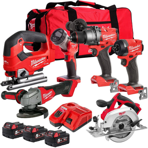 18V Cordless 6-Piece Tool Kit with 3 x 5.0Ah Batteries and 1200W Grinder