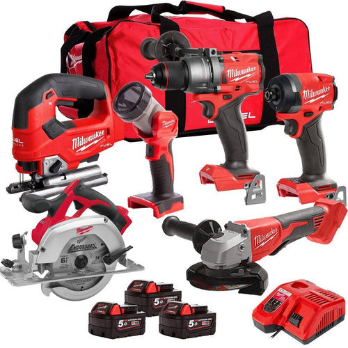 18V Cordless 6-Piece Tool Kit with 3 x 5.0Ah Batteries and 50 Degree Bevel Saw