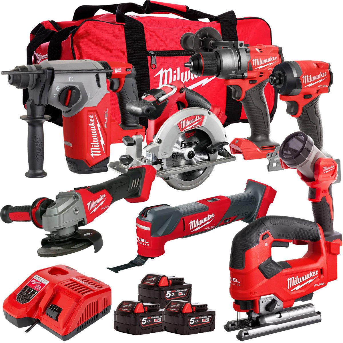18V Cordless 8-Piece Tool Kit with 3 x 5.0Ah Batteries and Jigsaw