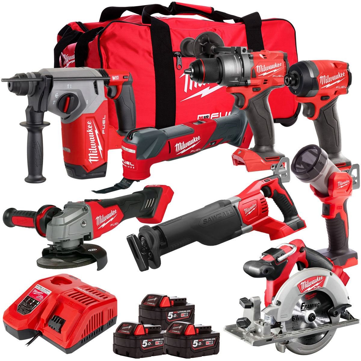 18V Cordless 8-Piece Tool Kit with 3 x 5.0Ah Batteries and Reciprocating Saw