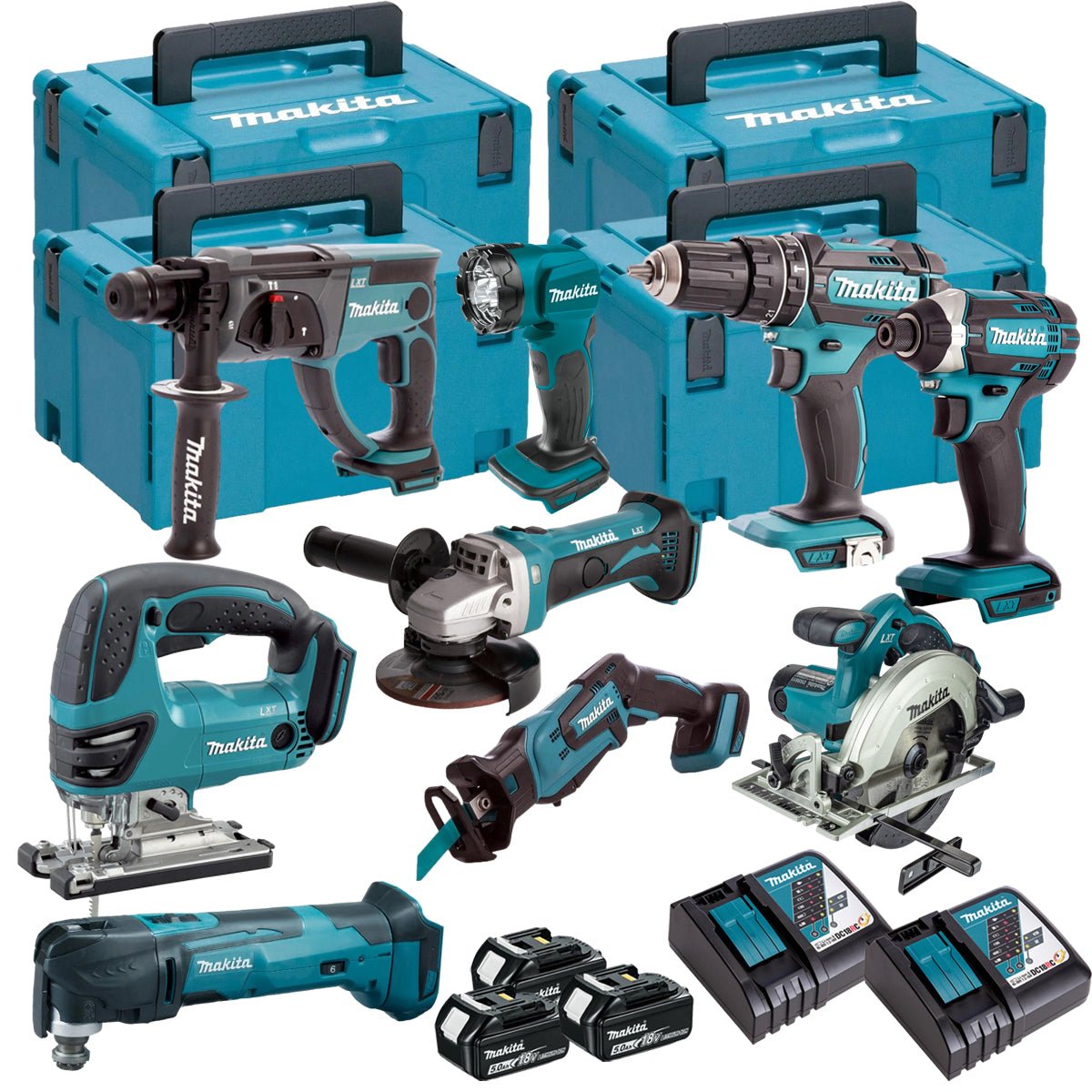 18V Cordless 9-Piece Tool Kit with 3 x 5.0Ah Batteries and 4 Carry Cases