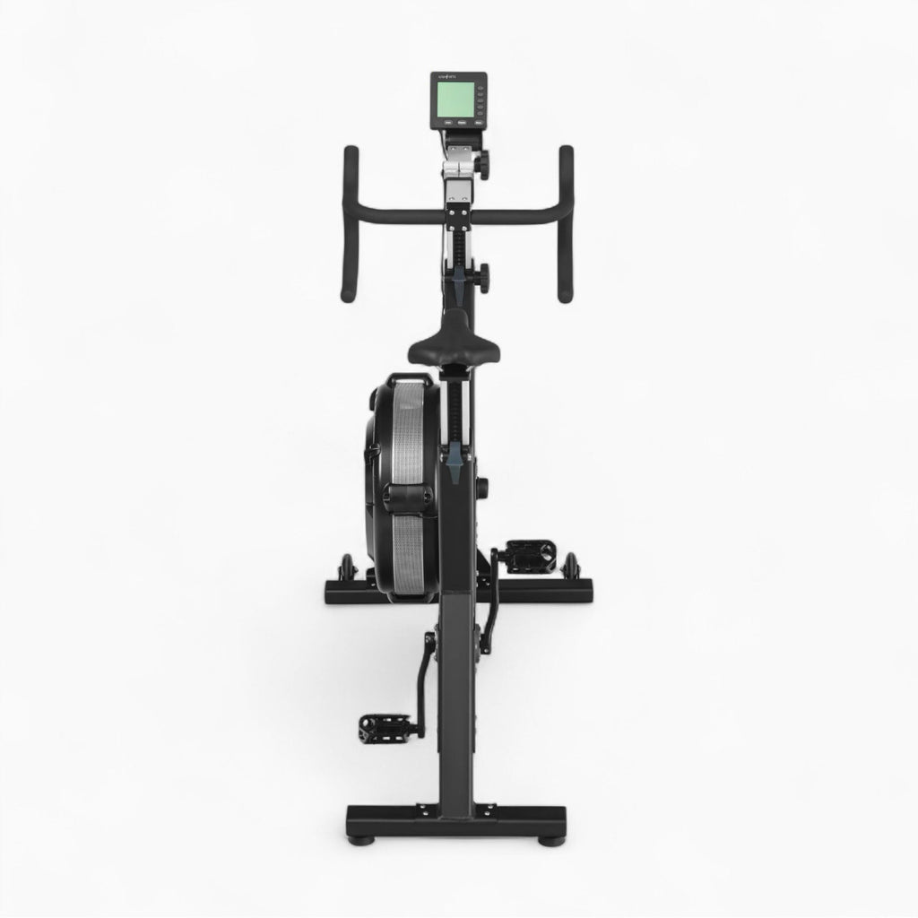 Air resistance exercise bike with freewheel clutch and belt drive - view 4