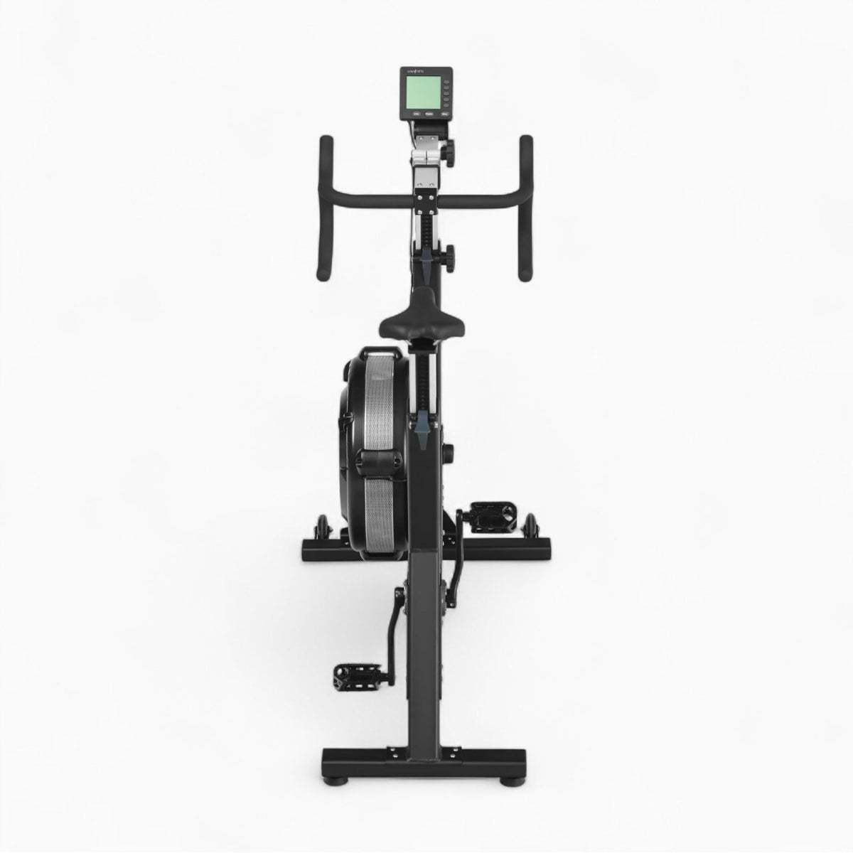 Air resistance exercise bike with freewheel clutch and belt drive - view 4