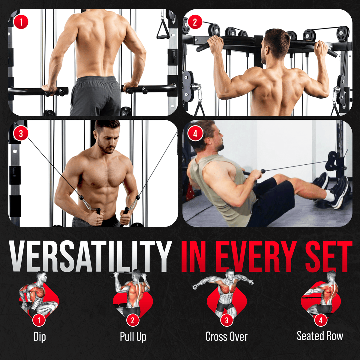 Cable crossover machine with 177 kg weight stacks, pull-up bar and dip station - view 10
