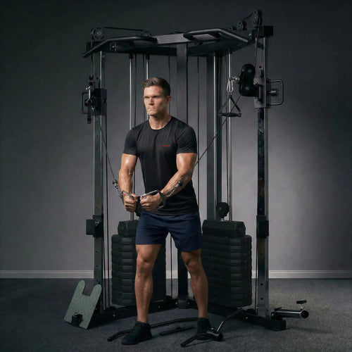 Cable crossover machine with 177 kg weight stacks, pull-up bar and dip station - view 2