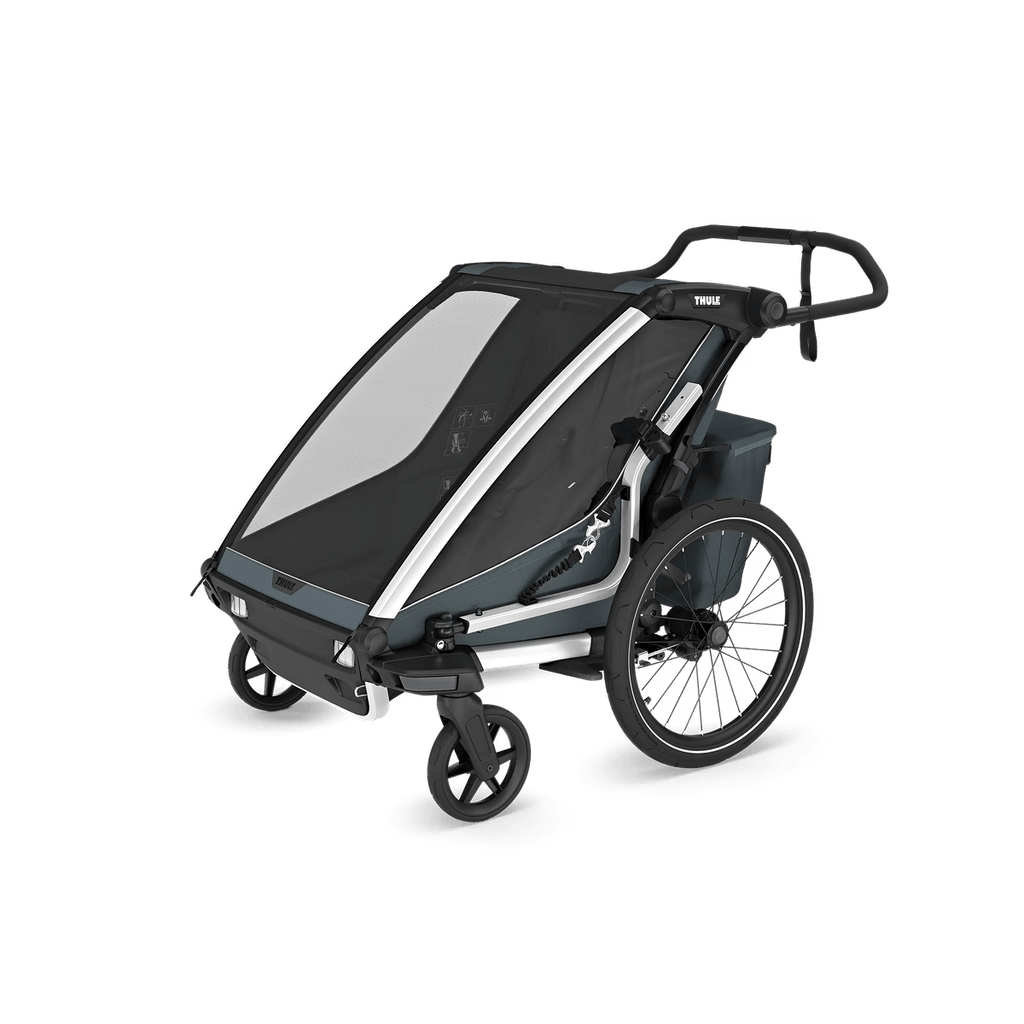 Double child bike trailer and stroller in dark grey
