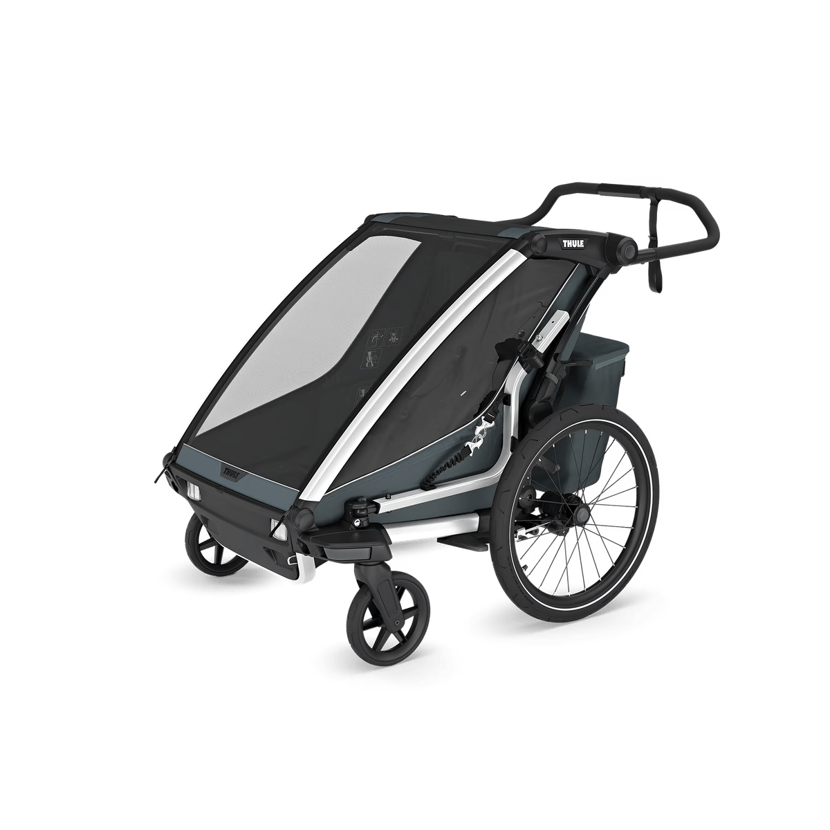 Double child bike trailer and stroller in dark grey
