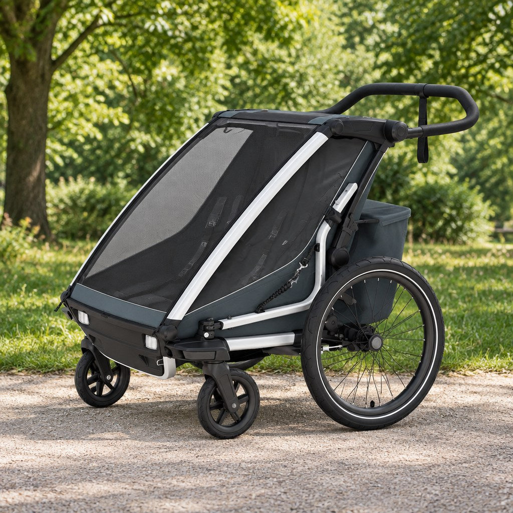Double child bike trailer and stroller in dark grey - view 3