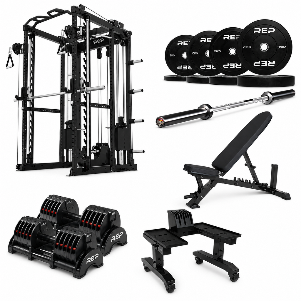 Home gym equipment package for garage full-body training