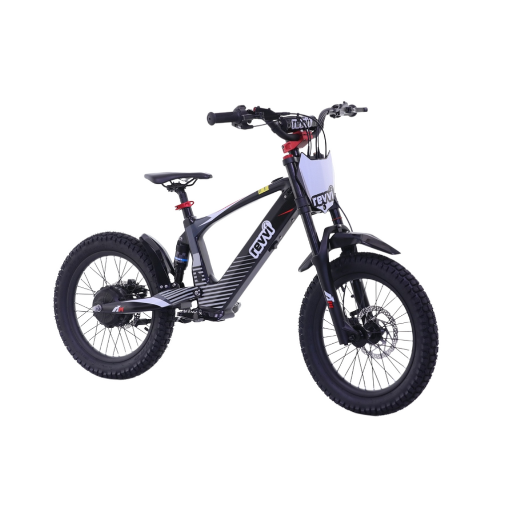 Kids electric off-road bike with 18 inch wheels in black