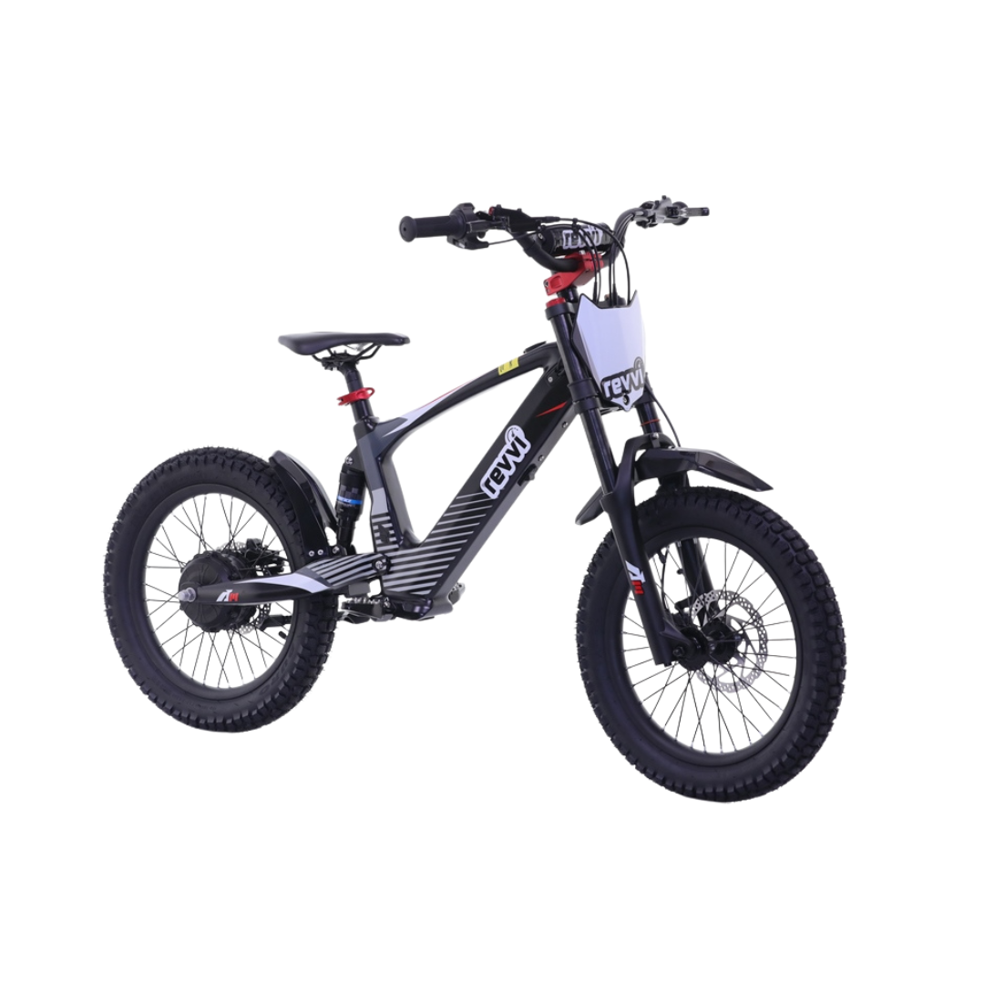 Kids electric off-road bike with 18 inch wheels in black