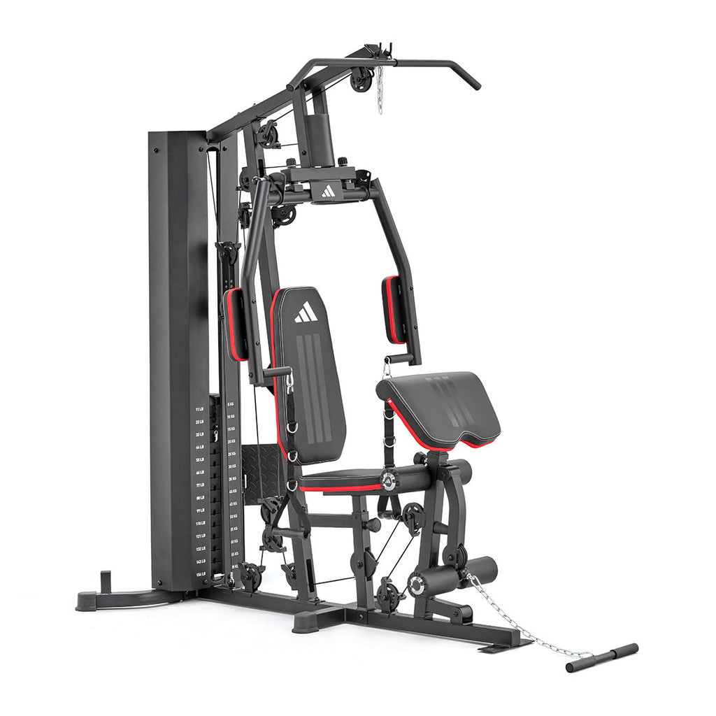 Pin-loaded multi-station home gym with 70 kg weight stack and leg press