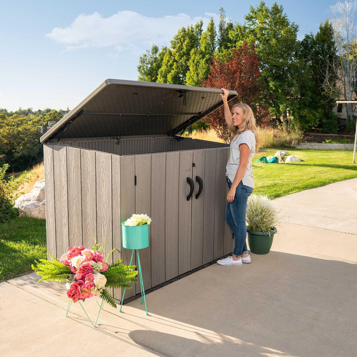 Plastic Bin Storage Shed 2124 Litres Wood Grain with Floor - Light Brown - view 21