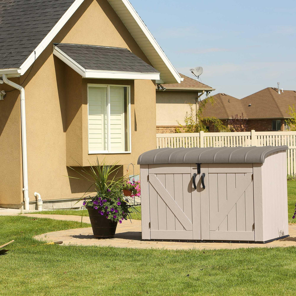 Plastic Bin Storage Shed for Two Wheelie Bins with Lockable Doors - Tan - view 17