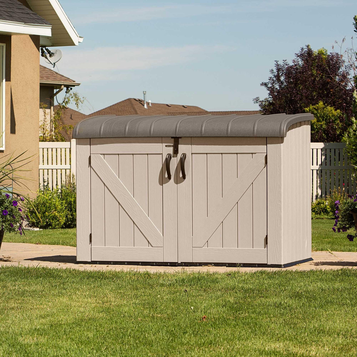 Plastic Bin Storage Shed for Two Wheelie Bins with Lockable Doors - Tan - view 20