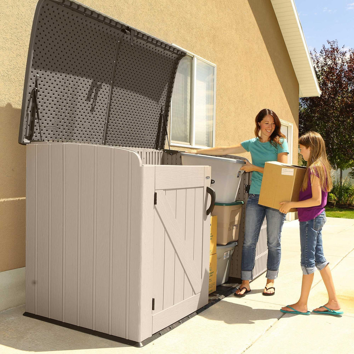 Plastic Bin Storage Shed for Two Wheelie Bins with Lockable Doors - Tan - view 23