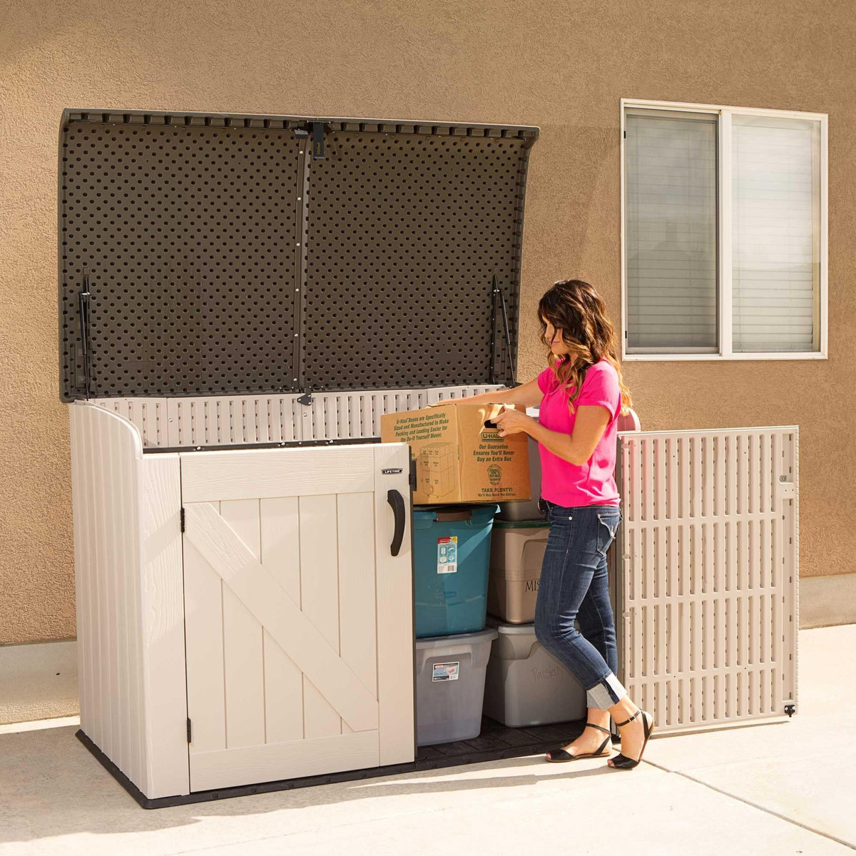 Plastic Bin Storage Shed for Two Wheelie Bins with Lockable Doors - Tan - view 25