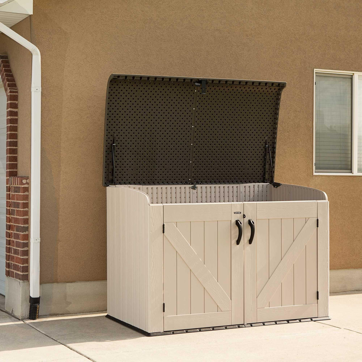 Plastic Bin Storage Shed for Two Wheelie Bins with Lockable Doors - Tan - view 3