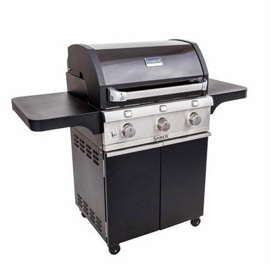 Three-burner gas barbecue with storage cabinet in black