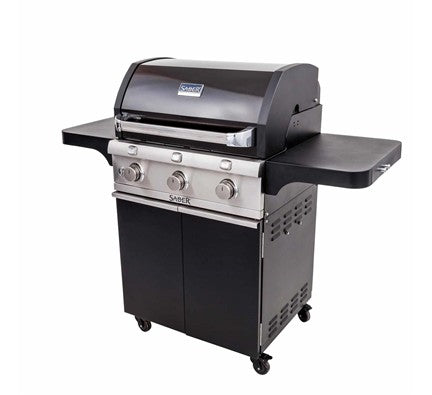 Three-burner gas barbecue with storage cabinet in black - view 2