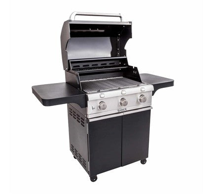 Three-burner gas barbecue with storage cabinet in black - view 3