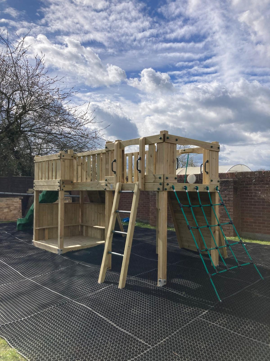 Timber Climbing Frame Twin Towers with Slide, Bridge, Climbing Wall and Net - view 3
