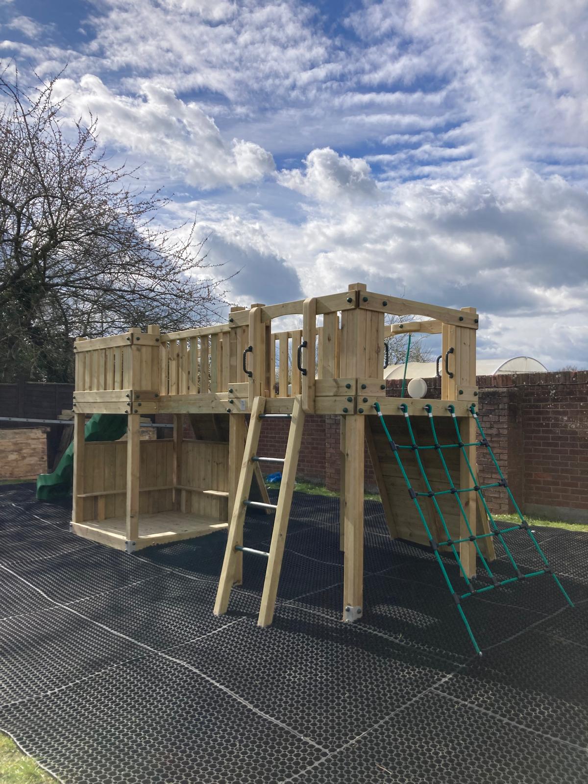 Timber Climbing Frame Twin Towers with Slide, Bridge, Climbing Wall and Net - view 3