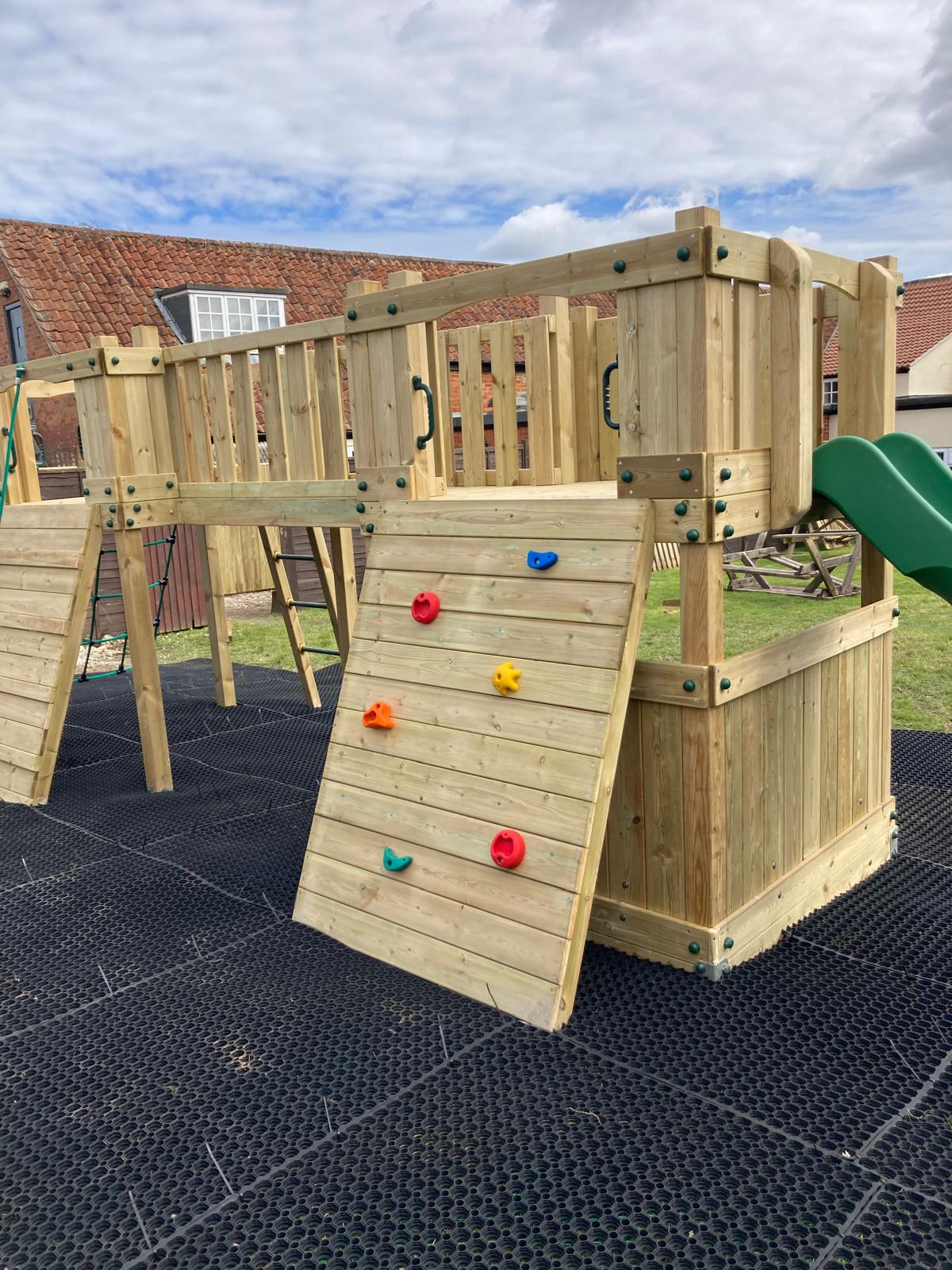 Timber Climbing Frame Twin Towers with Slide, Bridge, Climbing Wall and Net - view 6