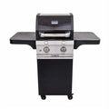 Two-burner compact gas barbecue with storage cabinet in black
