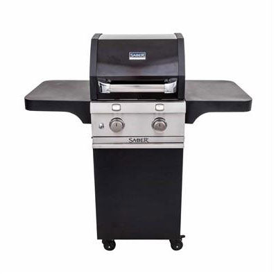 Two-burner compact gas barbecue with storage cabinet in black