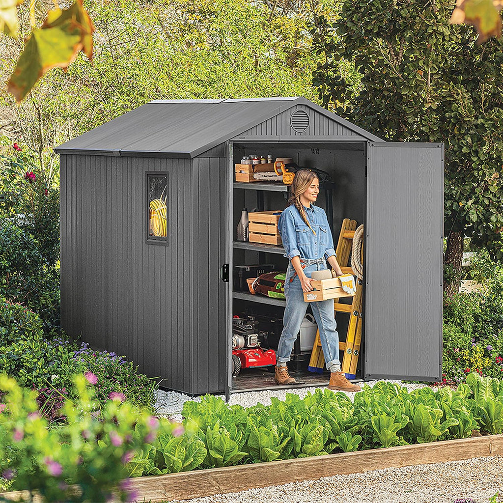 Wood-Effect Resin Garden Shed 1.9 x 2.4 m (6 x 8 ft) French Doors - Grey - image 16