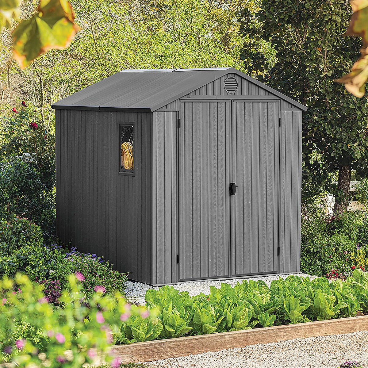 Wood-Effect Resin Garden Shed 1.9 x 2.4 m (6 x 8 ft) French Doors - Grey - image 19
