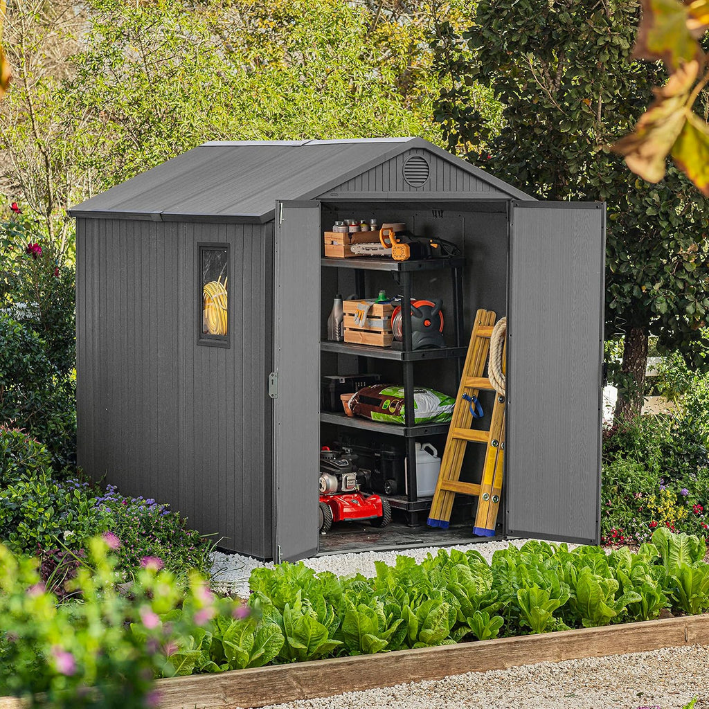 Wood-Effect Resin Garden Shed 1.9 x 2.4 m (6 x 8 ft) French Doors - Grey - image 2