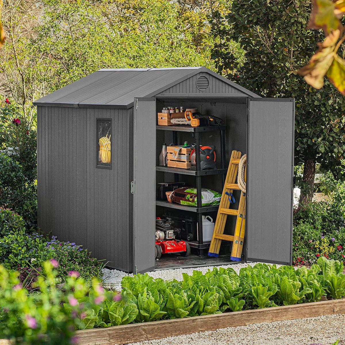 Wood-Effect Resin Garden Shed 1.9 x 2.4 m (6 x 8 ft) French Doors - Grey - image 2
