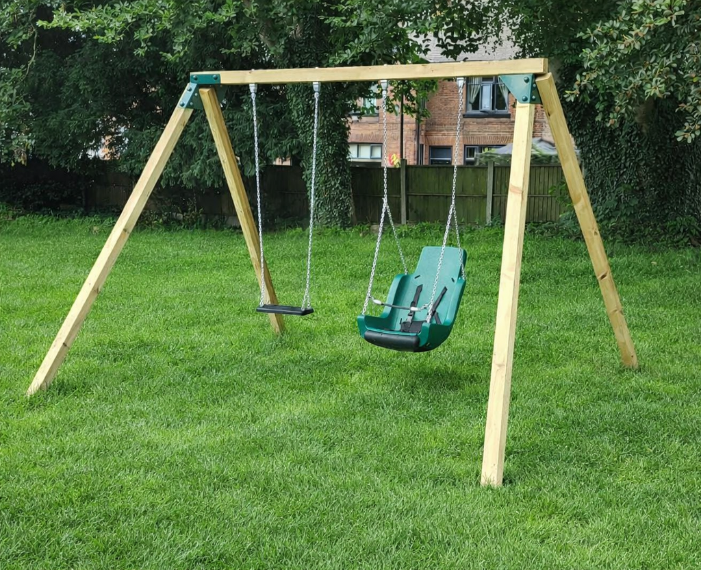 Wooden Swing Frame with Special Needs Seat and Flat Rubber Seat