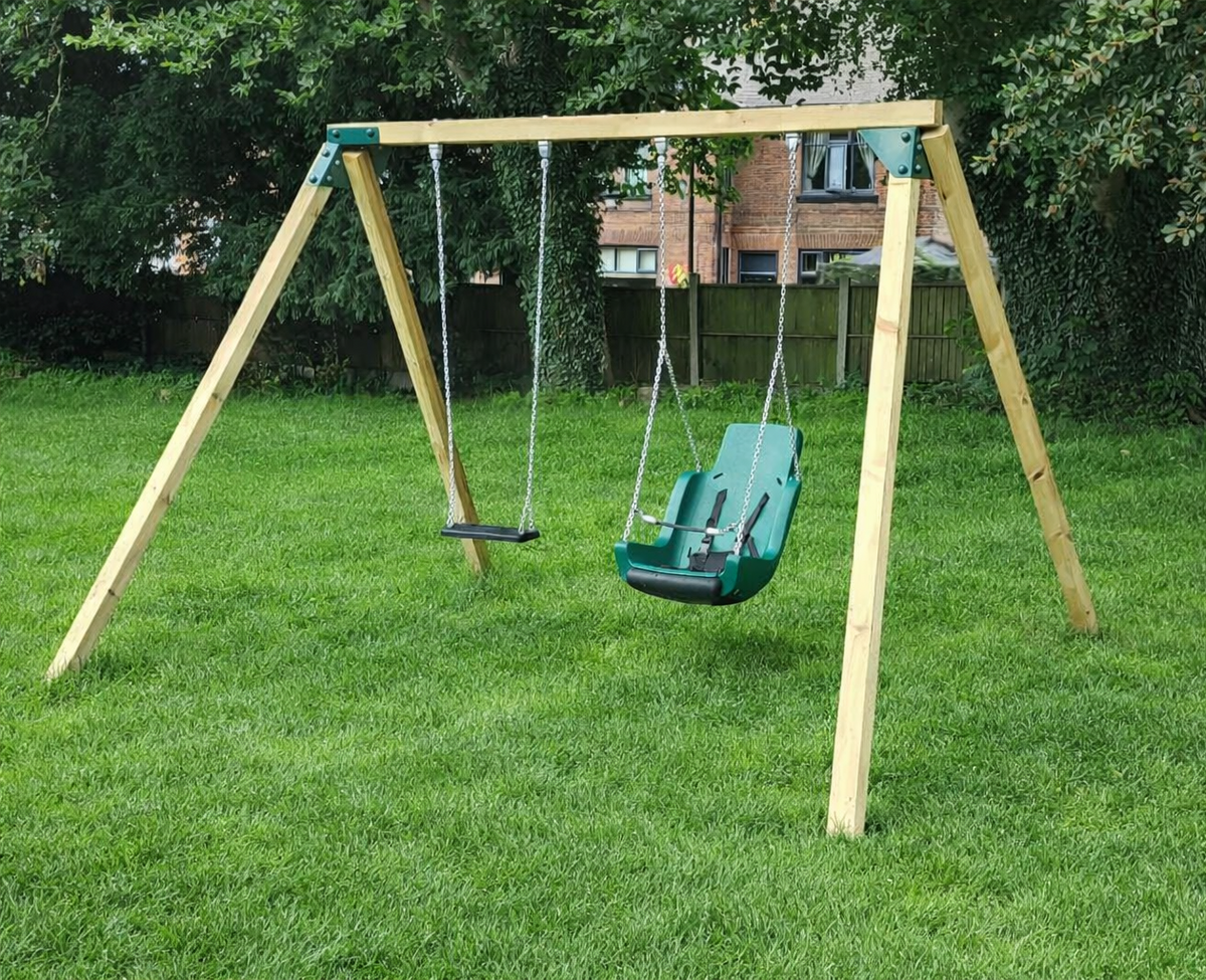 Wooden Swing Frame with Special Needs Seat and Flat Rubber Seat